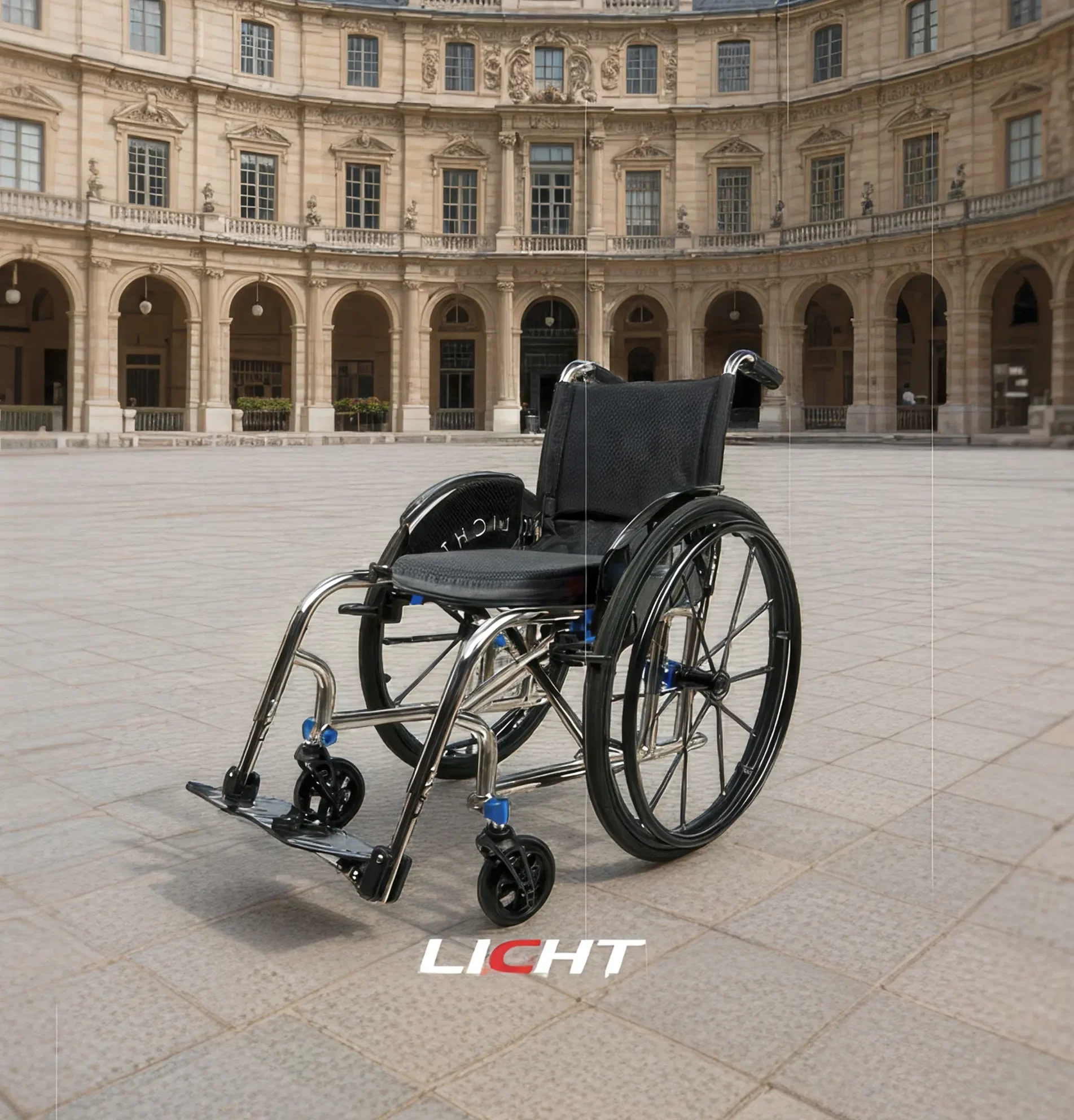 Licht Edge Ti600 wheelchair in courtyard setting