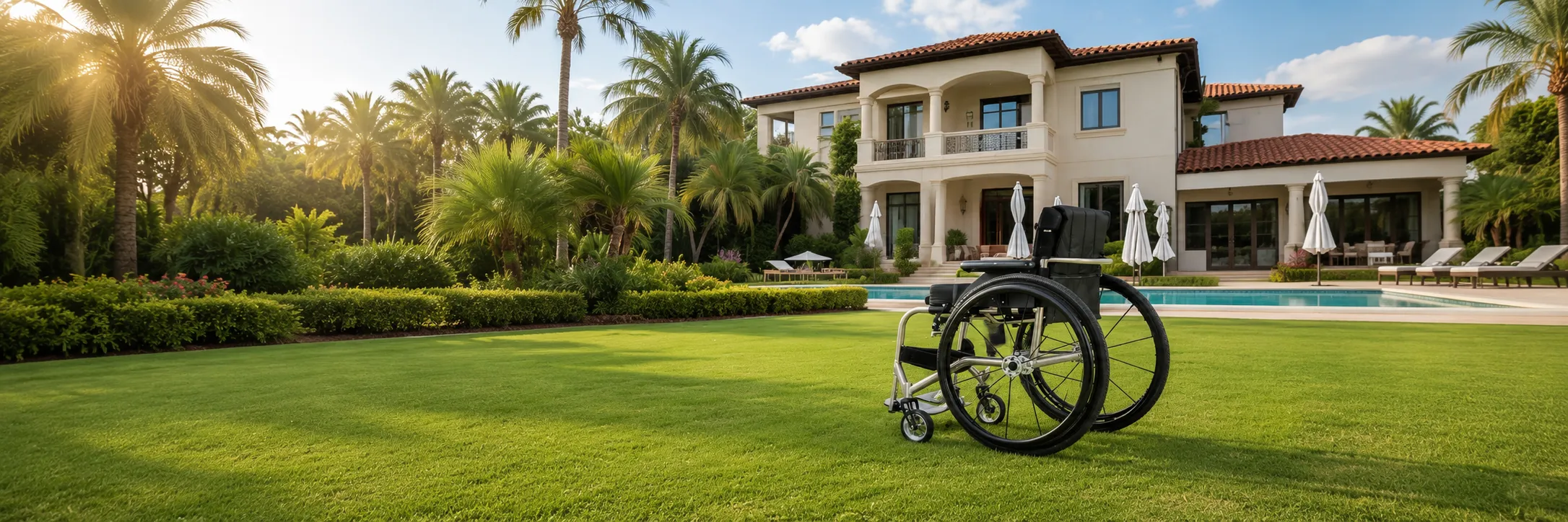 Omni Ti600 titanium wheelchair in front of a luxury residence