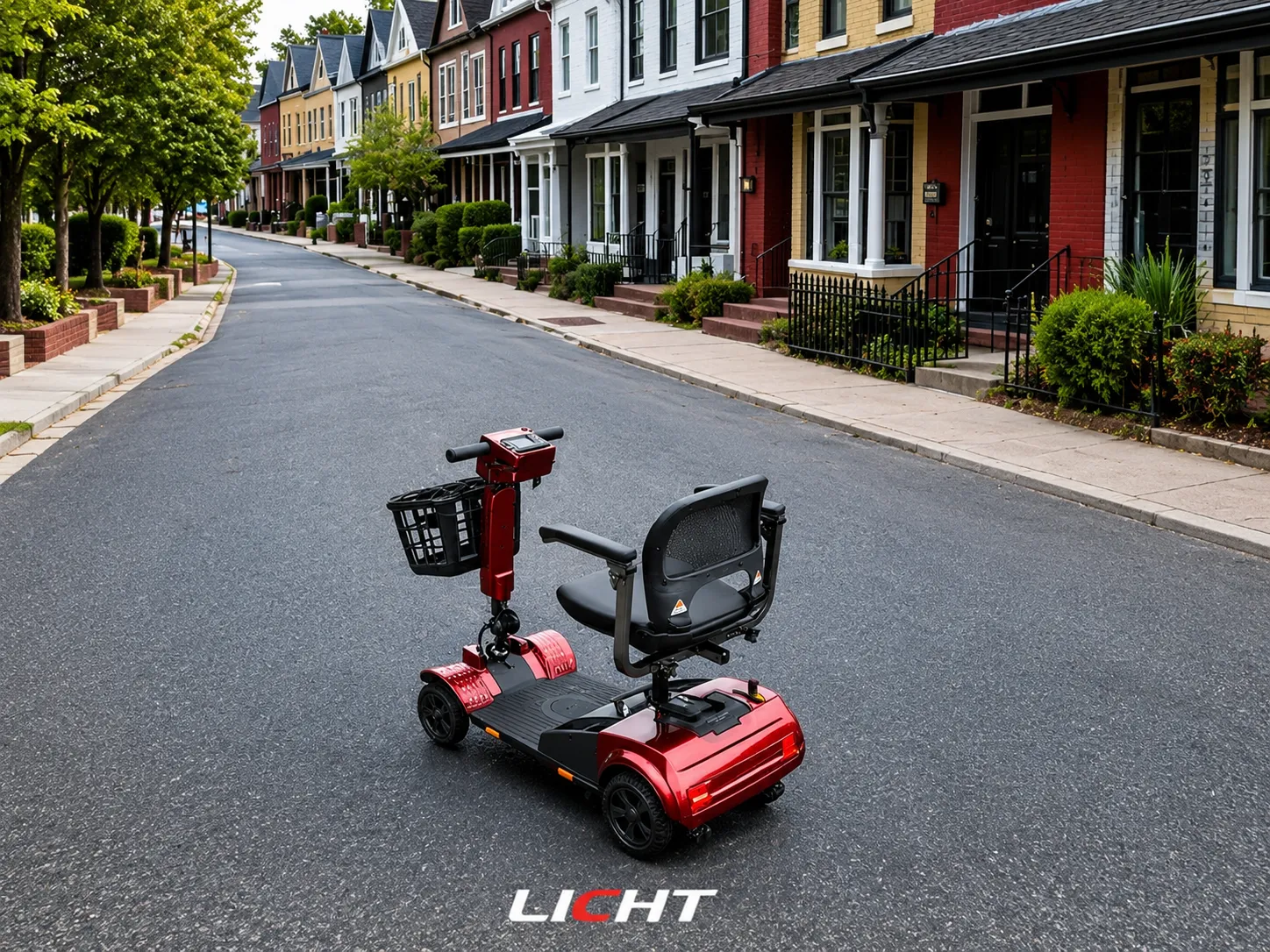 Licht Edge Ti600 titanium mobility scooter on tree-lined residential street